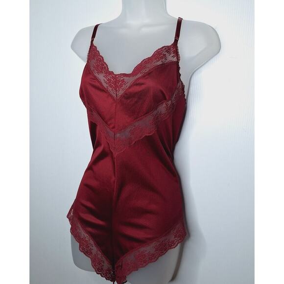 Vintage 80s Formfit Teddy Romper Large 38 Lace Nylon Silky Nightie Burgundy Wine - Picture 2 of 9